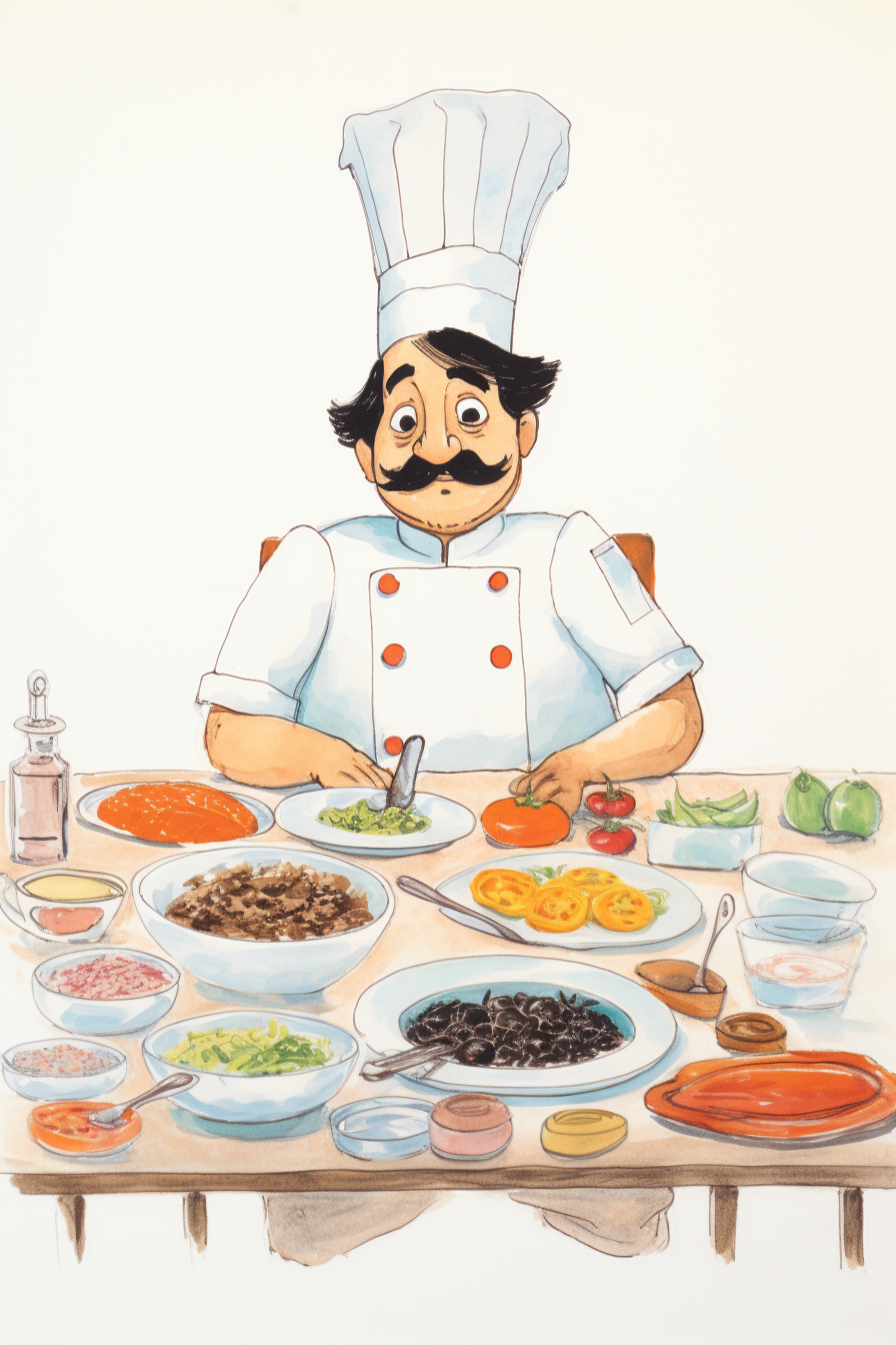 Illustration of a chef with bowls on a white table