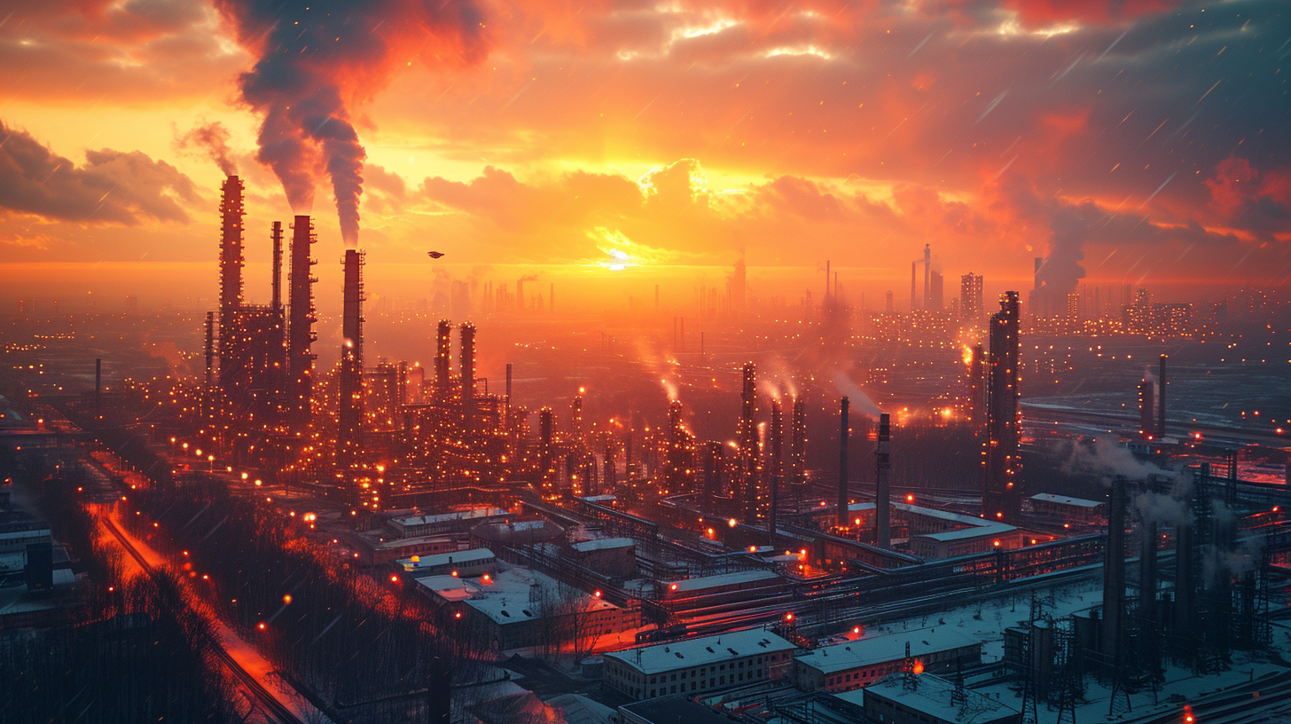 Aerial view chemical plant snowing sunset with dragon