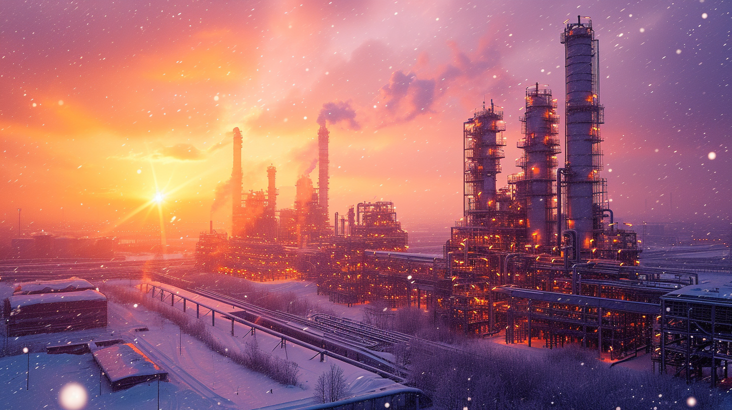 Chemical plant with snowing sunset and dragon