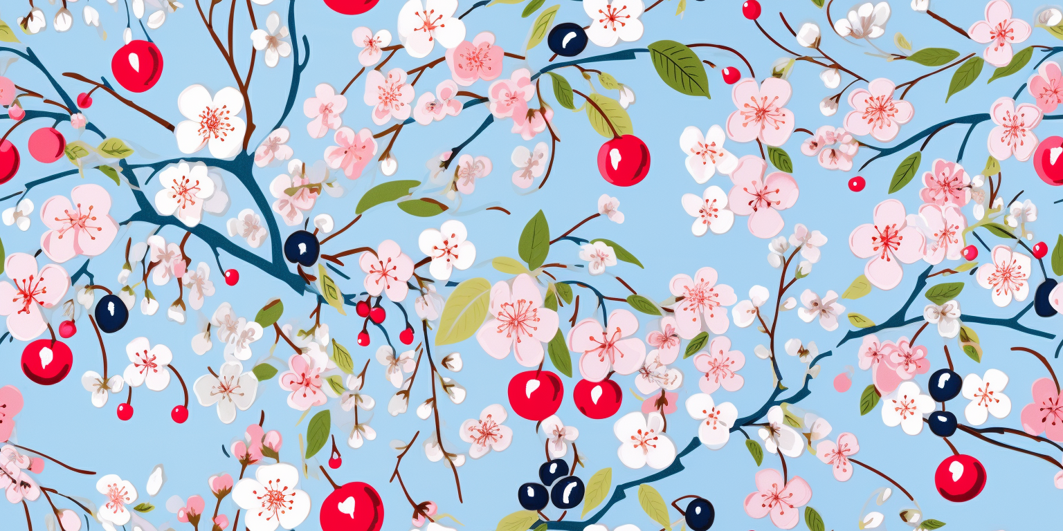 Cherry Silkscreen Pattern on Light Blue Linen