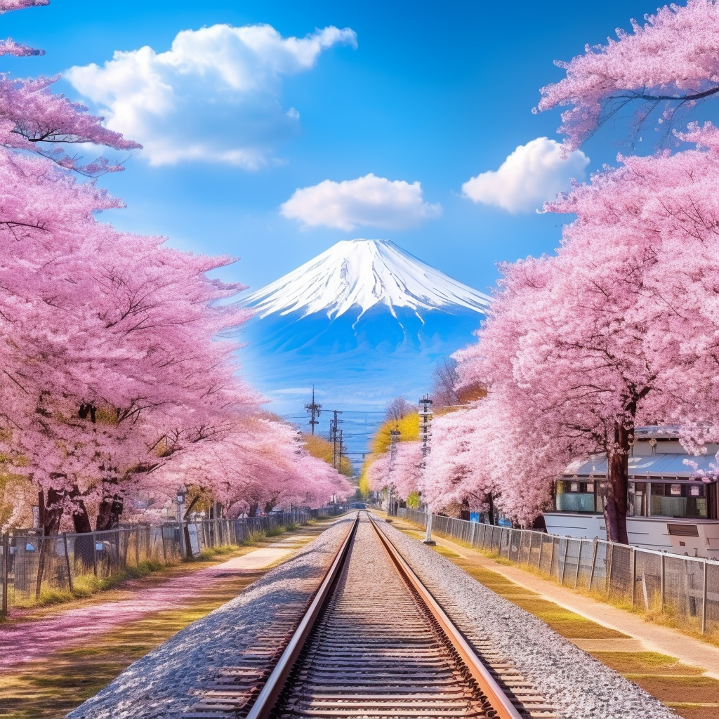 Cherry Blossom Avenue in Miyagi with Mountain Background