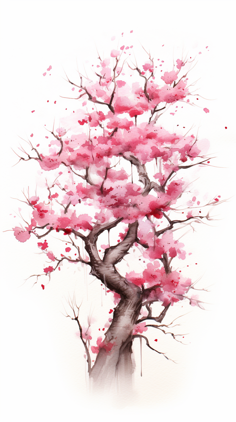 Watercolour cherry blossom tree on white background