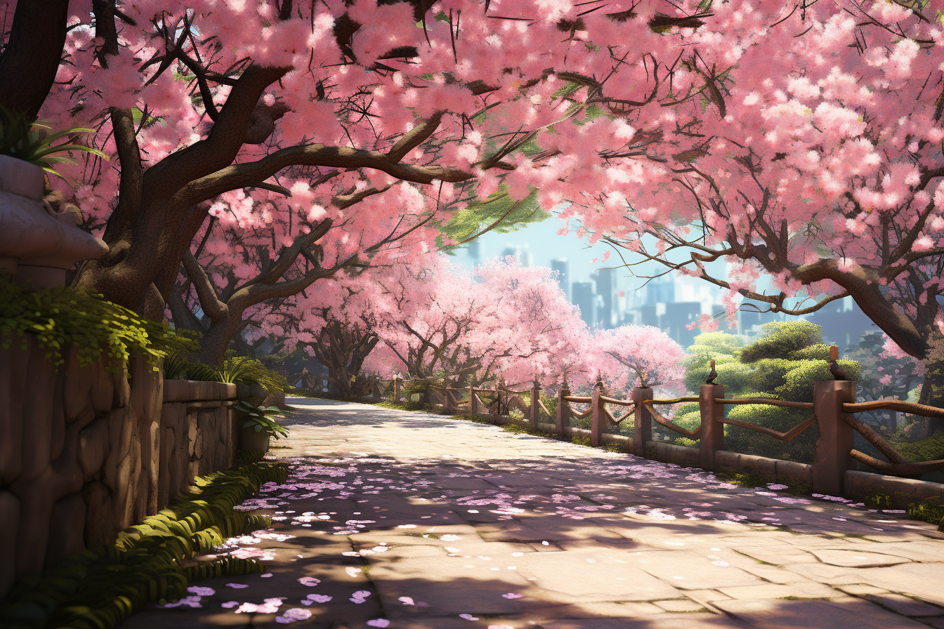 Japanese cherry blossom trees on garden path