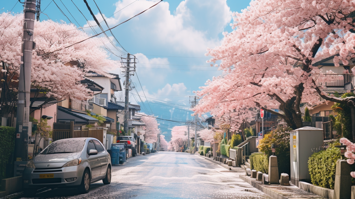 Vibrant cherry blossom trees lining Tokyo street