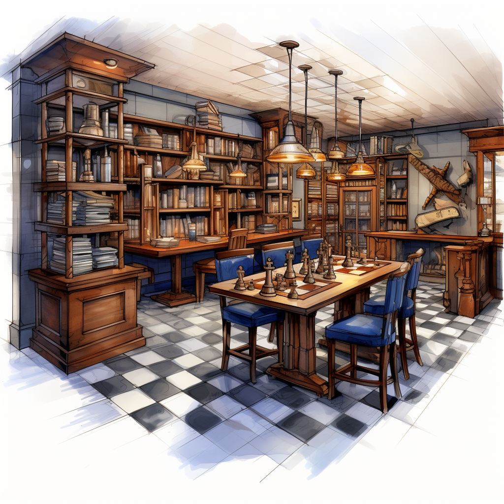 Chess Bar Coffee Shop with Library and Architectural Rendering