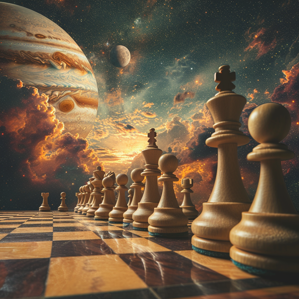 Chess Planet on Cosmic Sky with Jupiter