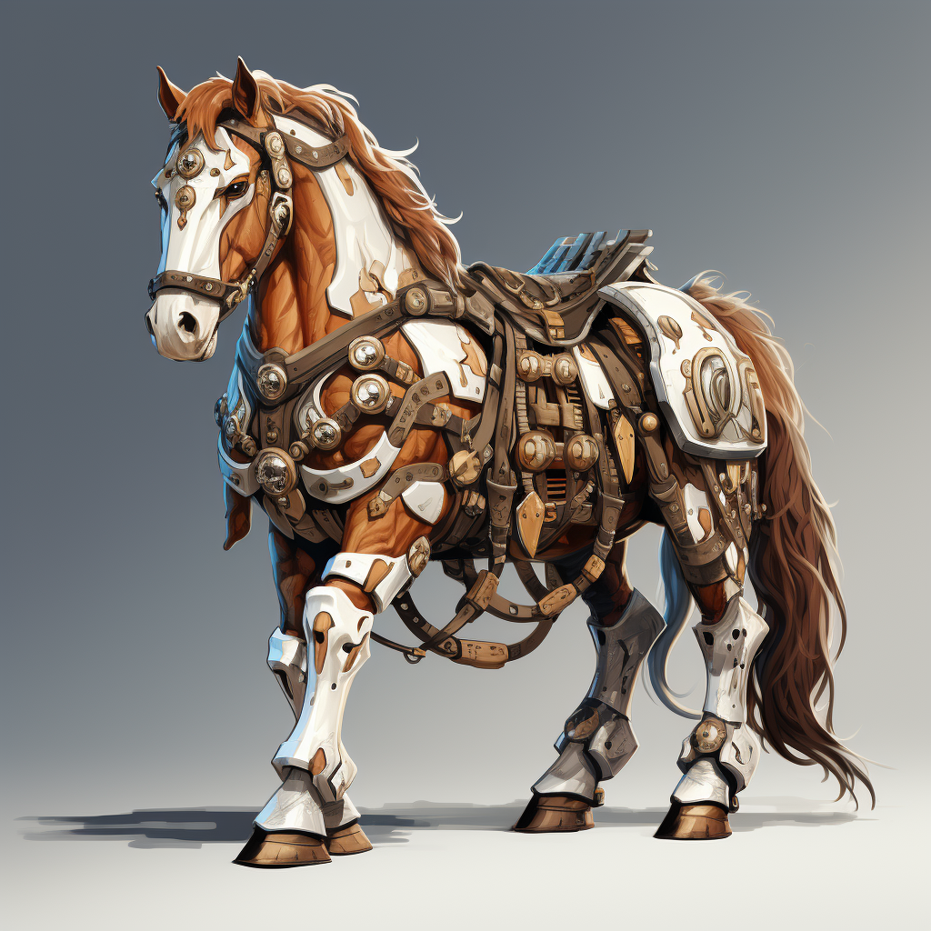 Cartoon-style chestnut war horse with white markings