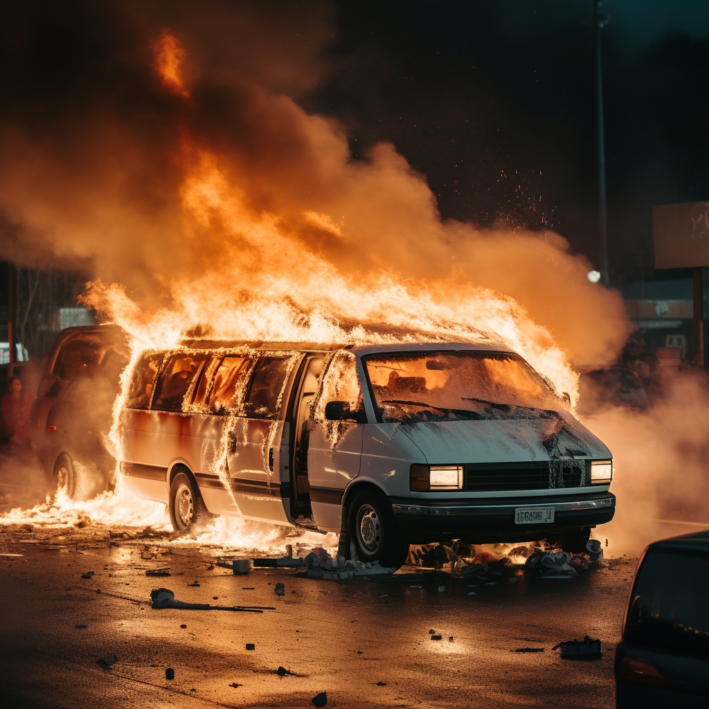 Burning Chevy Van in Parking Lot