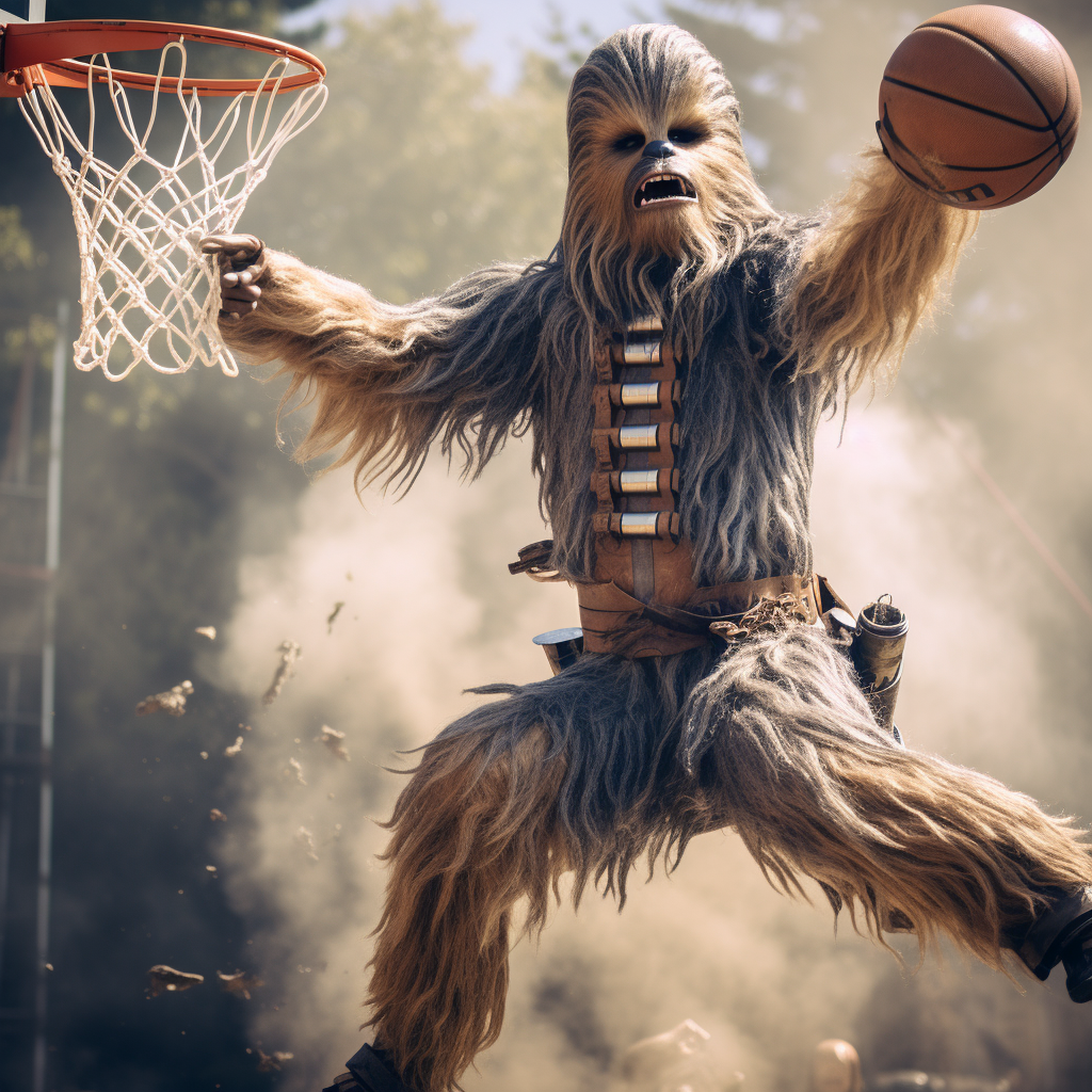 Chewbacca dunking on Michael Jordan in action