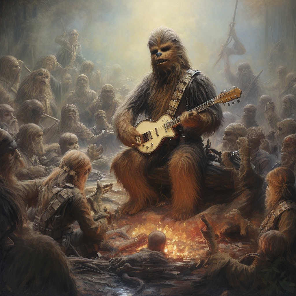 Chewbacca performing rock concert with ewok audience