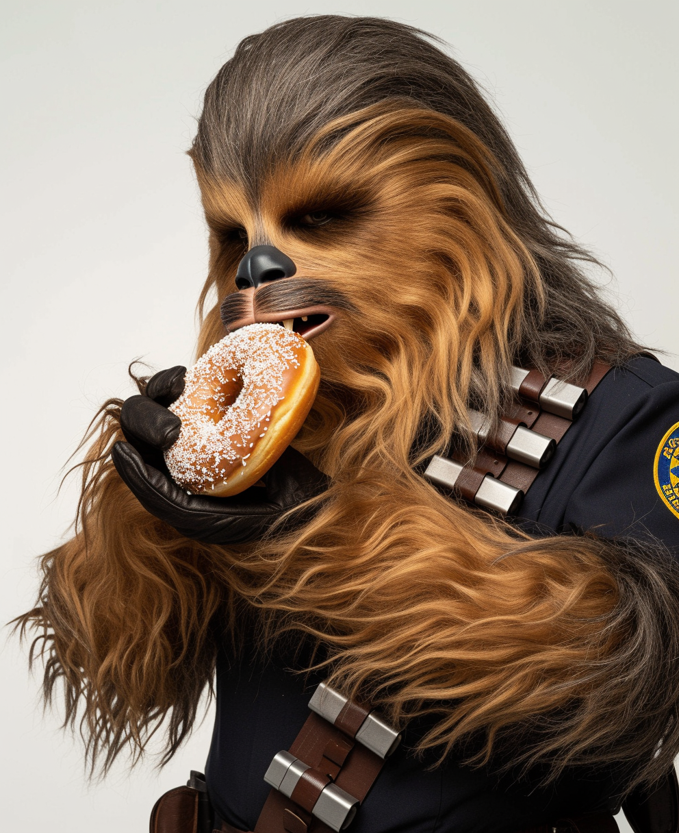 Chewbacca eating donut in police uniform