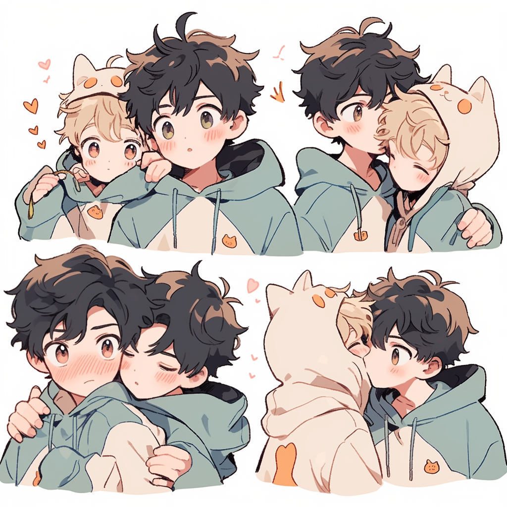 Chibi boys kissing cheek in hoodies