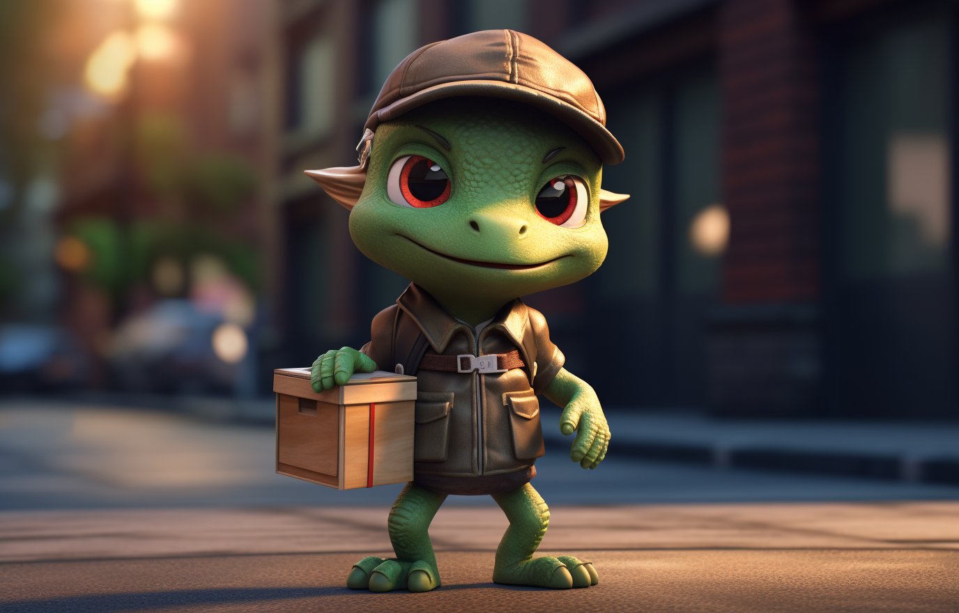 Cute chibi dinosaur dressed as a delivery man