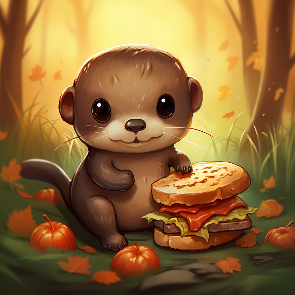 Cute otter enjoying a turkey sandwich