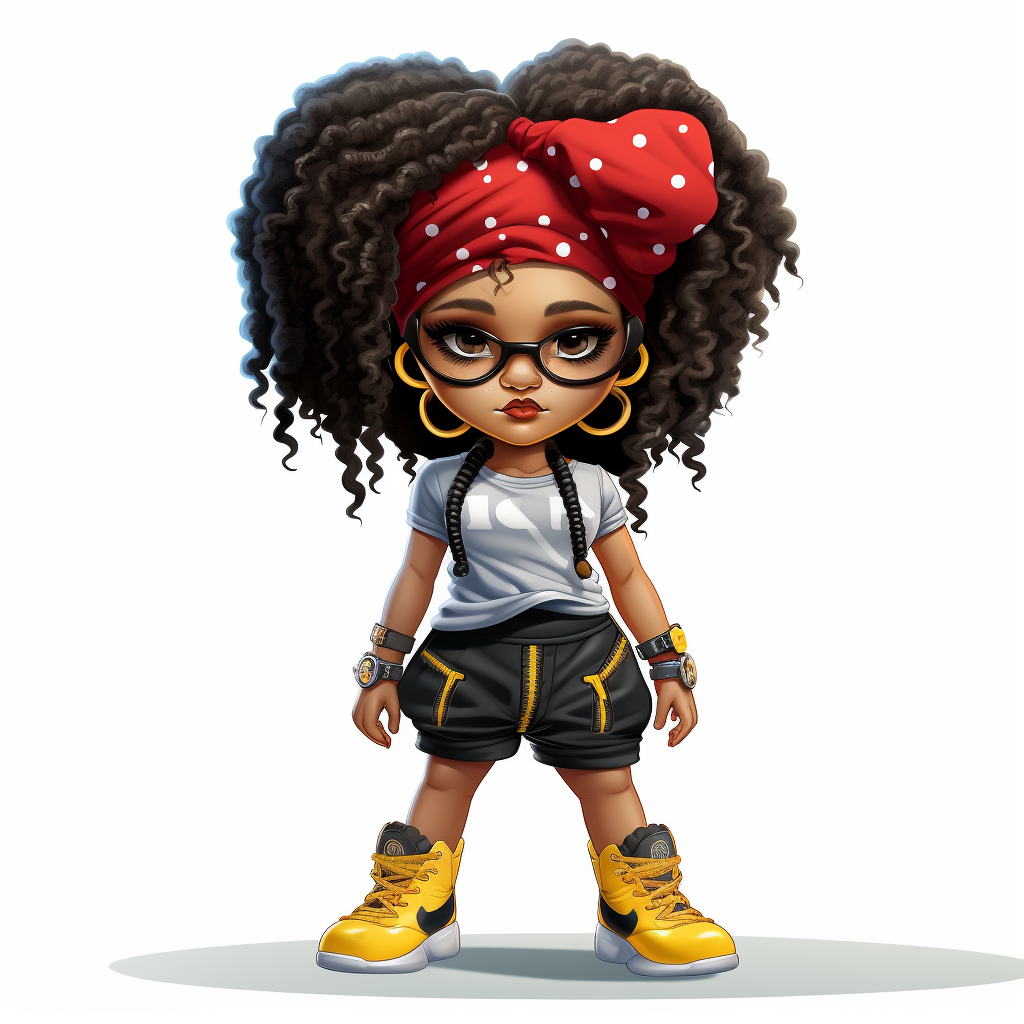 Full body caricature of chibi Afro girl in hip hop fashion