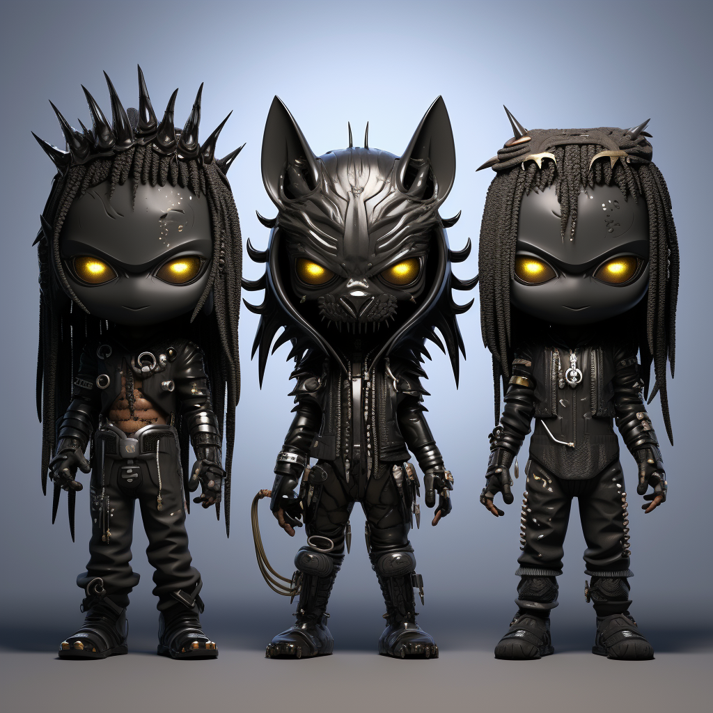 Chibi full body cartoon predators in sci-fi setting