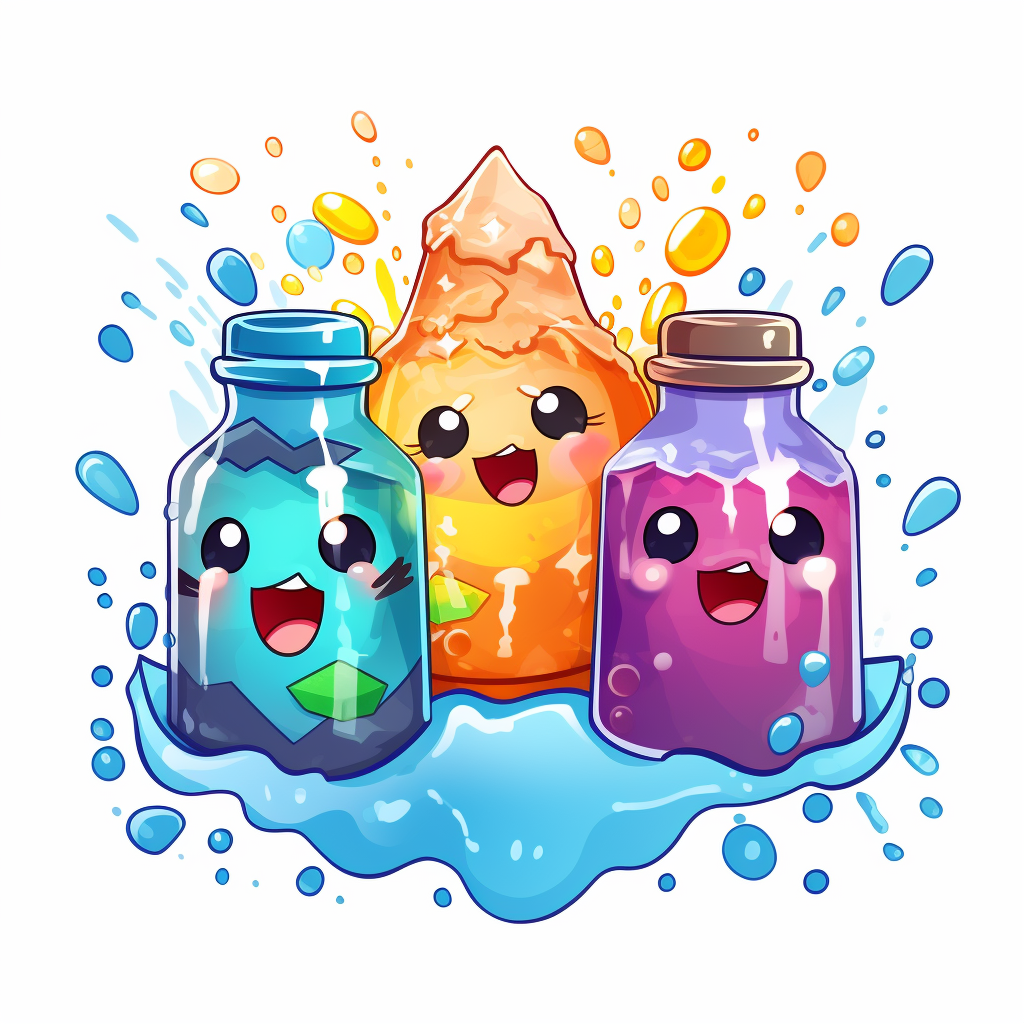 Chibi game launch with pouring liquid and splashes