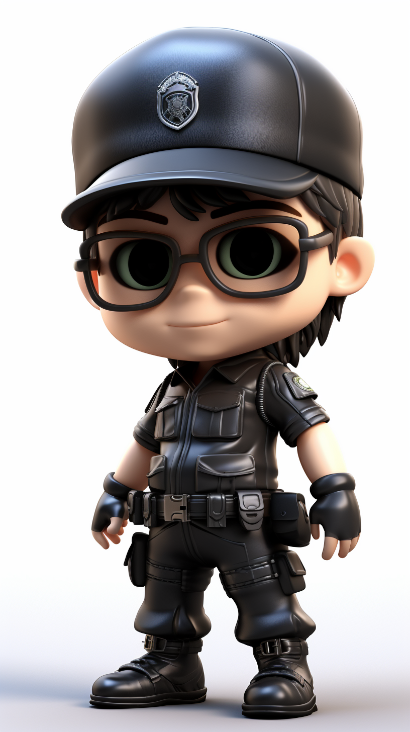 Chibi soldier boy in police uniform with military backpack