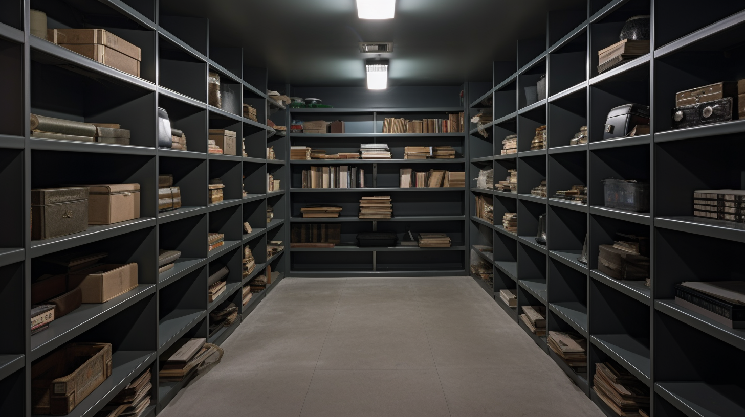 Neatly organized library in a stylish storage room