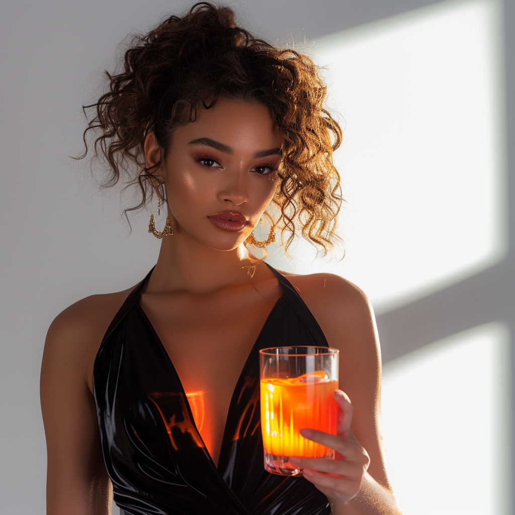 Stylish woman holding Tequila Sunrise shot