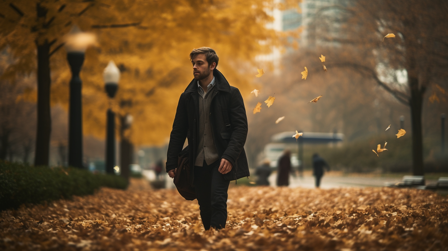 Man using inhaler in Chicago autumn