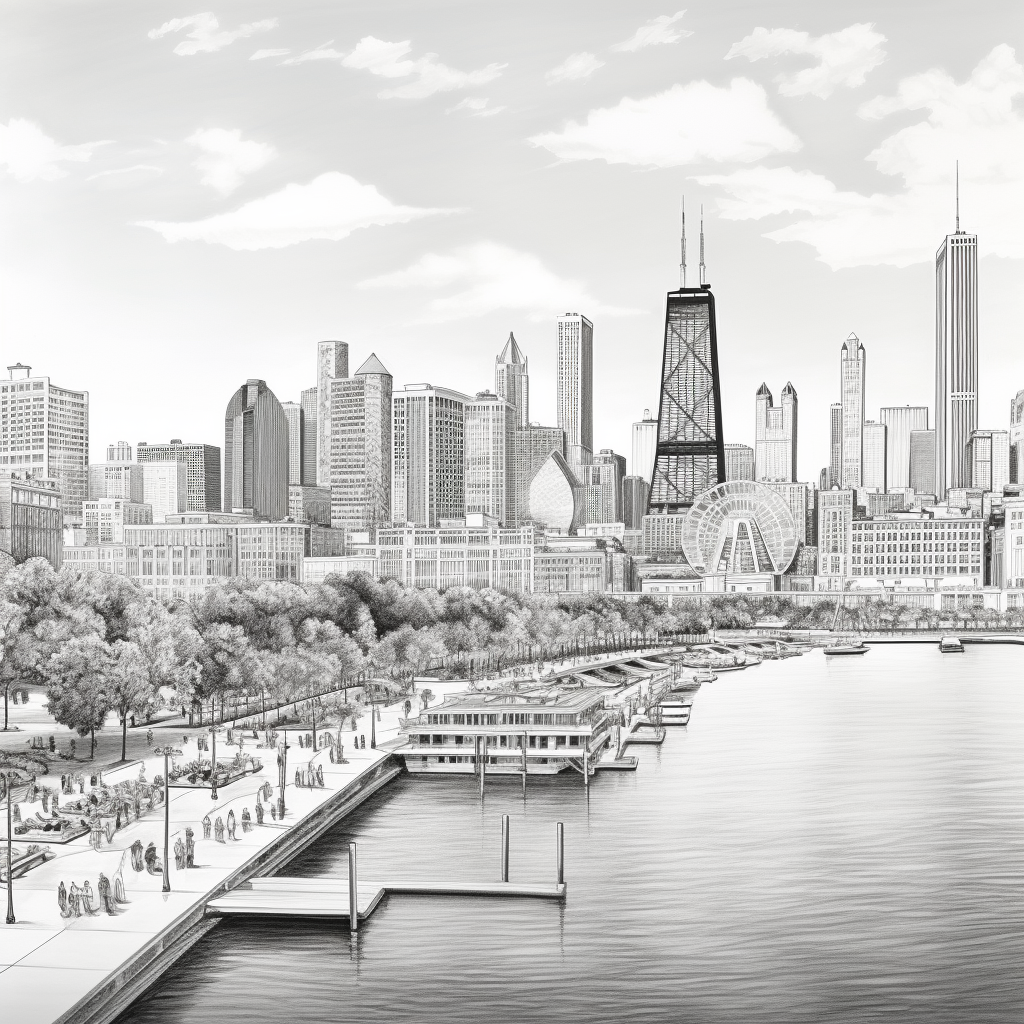 Detailed pencil sketch of Chicago skyline with navy pier