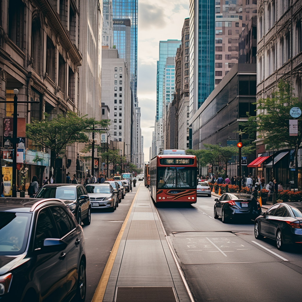 A bustling street in Chicago with public transportation, bikes, and scooters