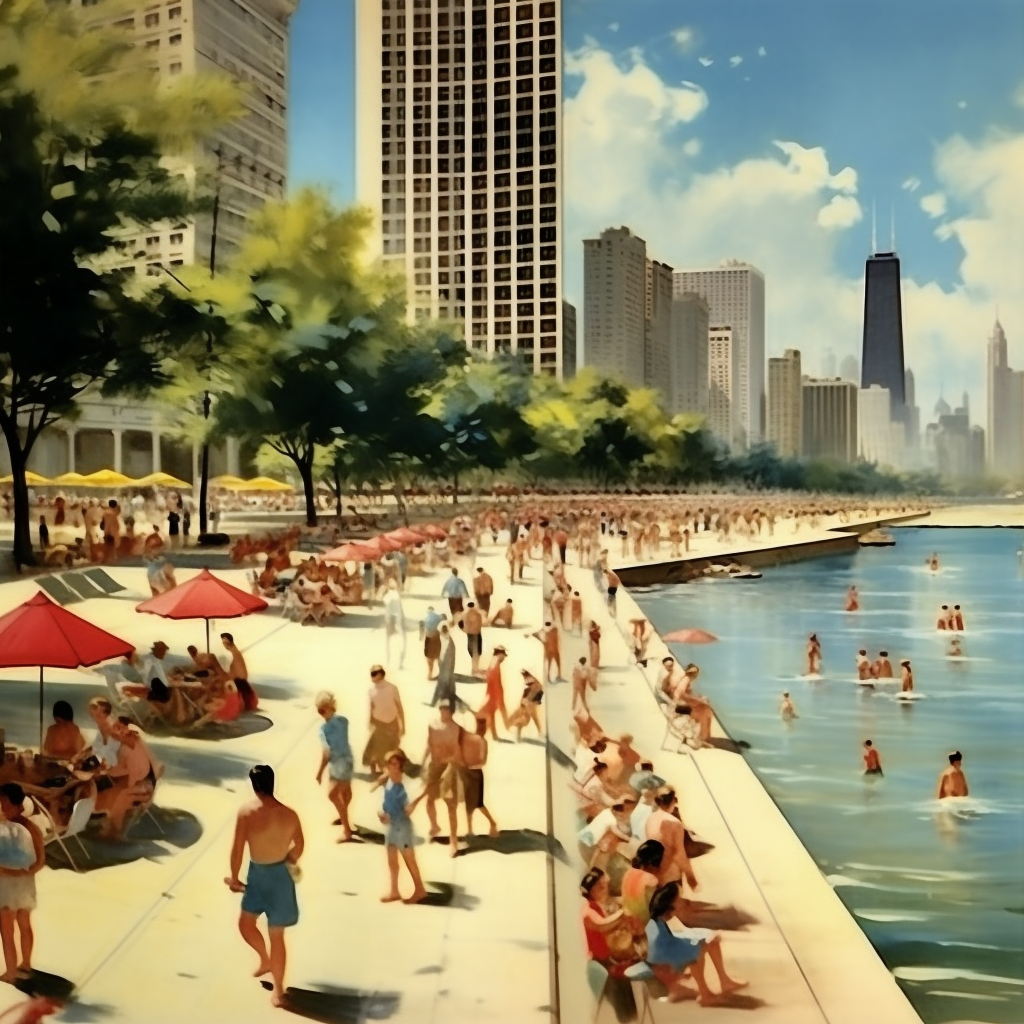 Vintage travel poster showcasing 1950s Chicago