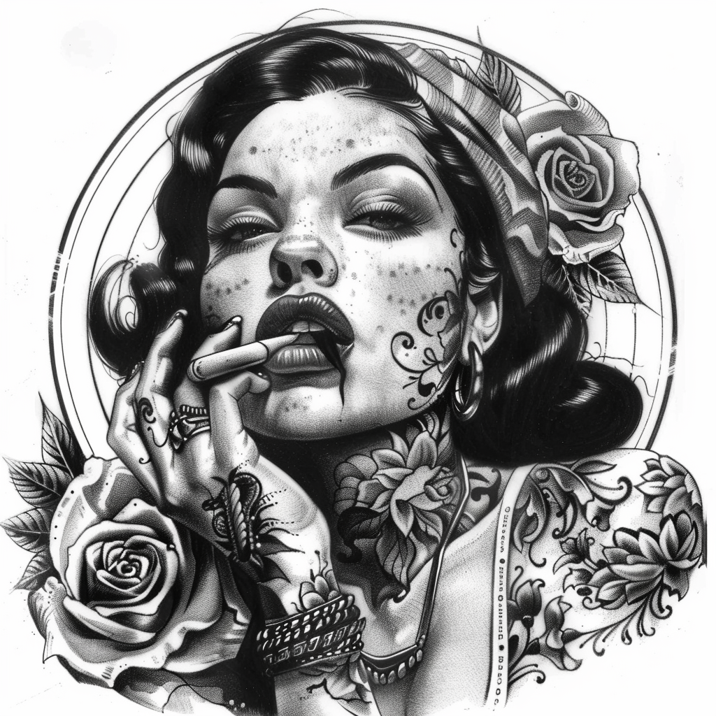 Chicano woman tattoo design black grey