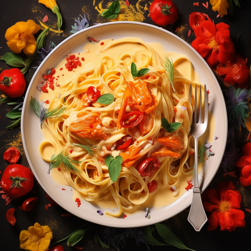 Top view of Chicken Cream Pasta with vivid colors