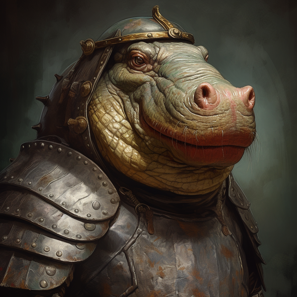 Chicken-headed hippopotamus in medieval helmet