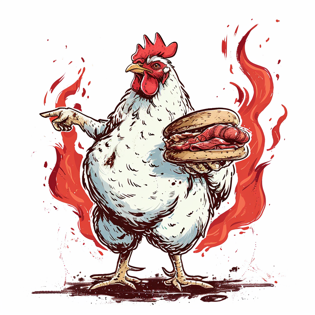 Illustration of chicken holding meat bun with red flame