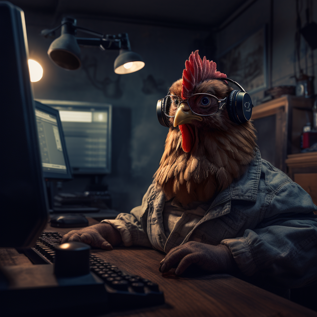 Chicken nerd working on computer.