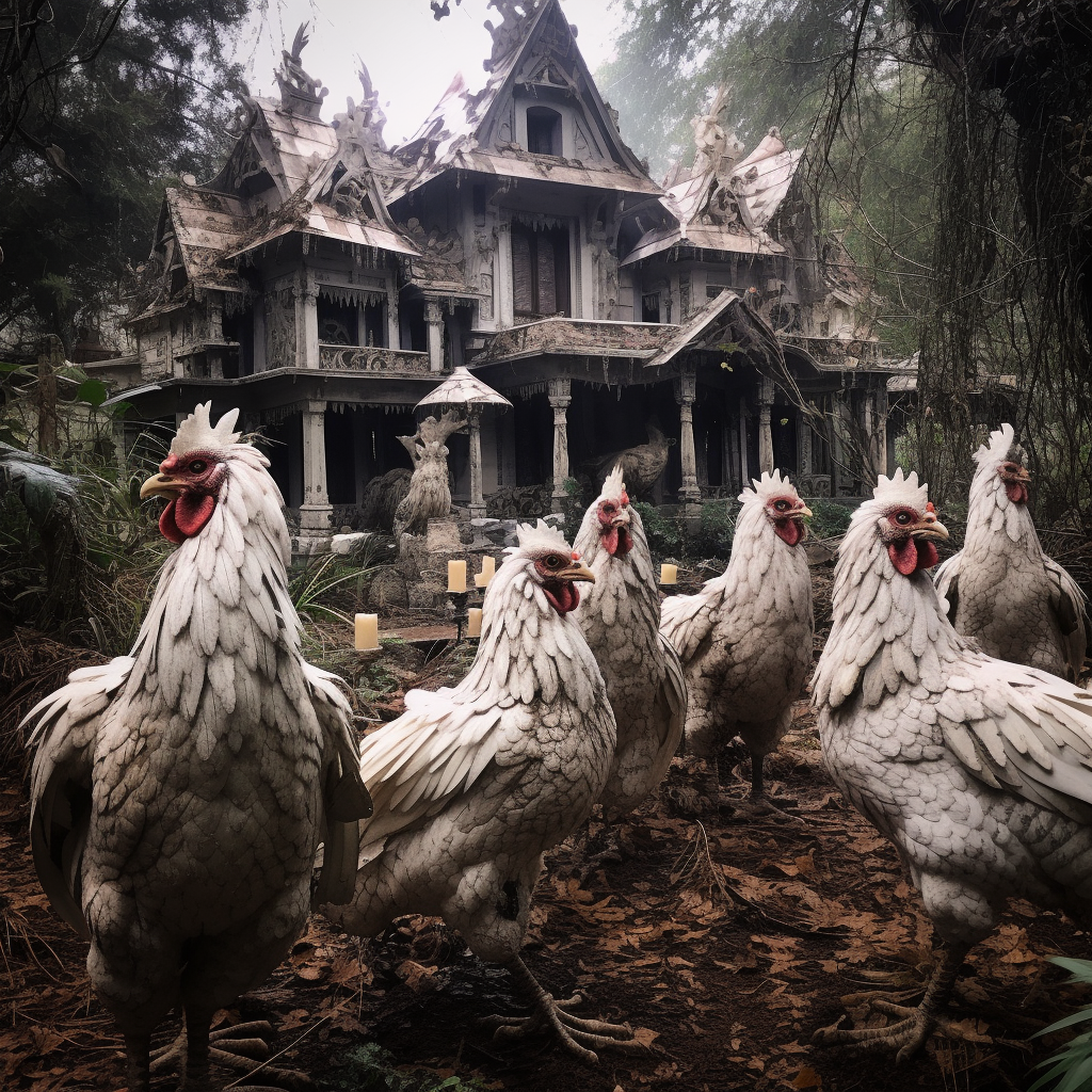 Chicken-themed haunted mansion decor