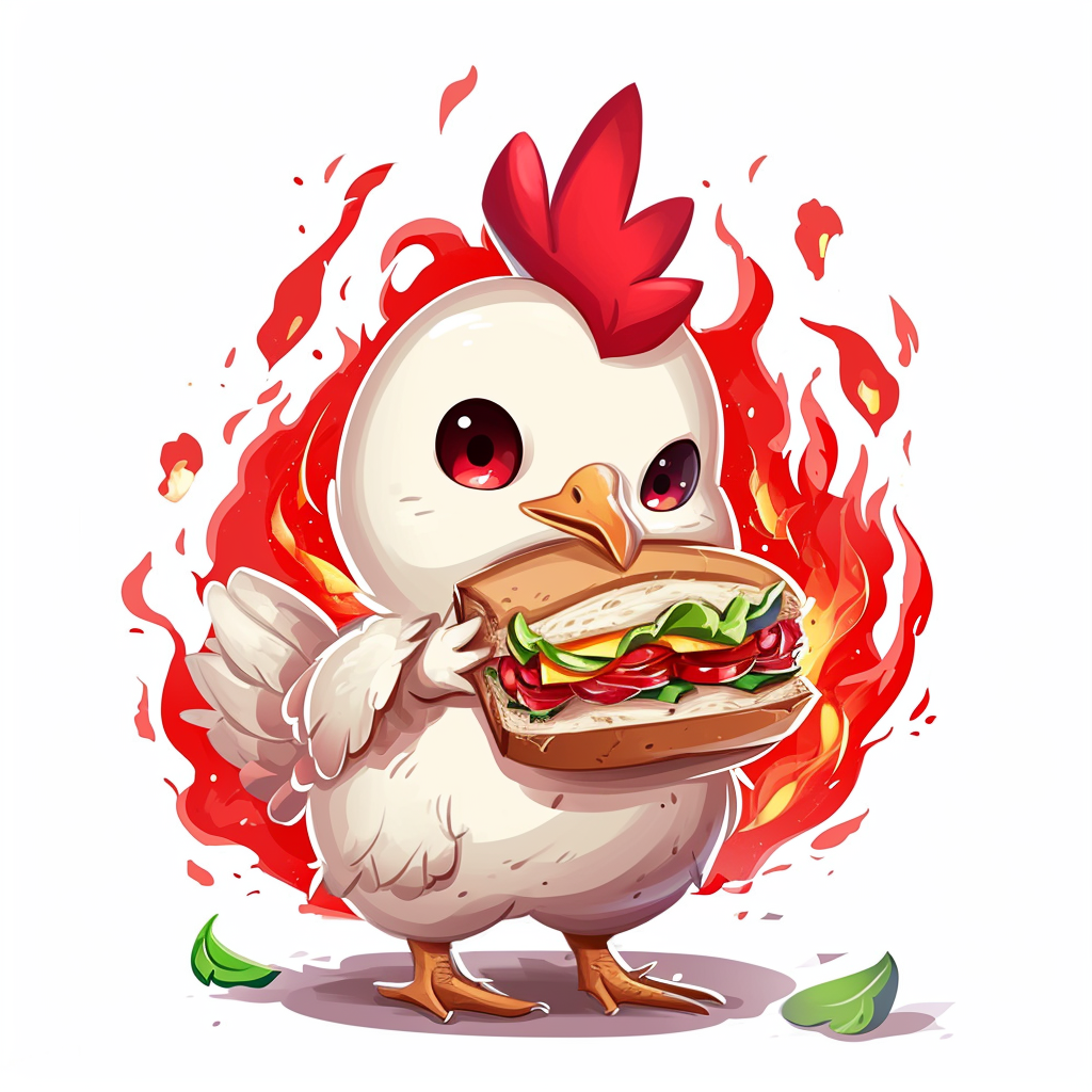 Cute chicken holding a sandwich