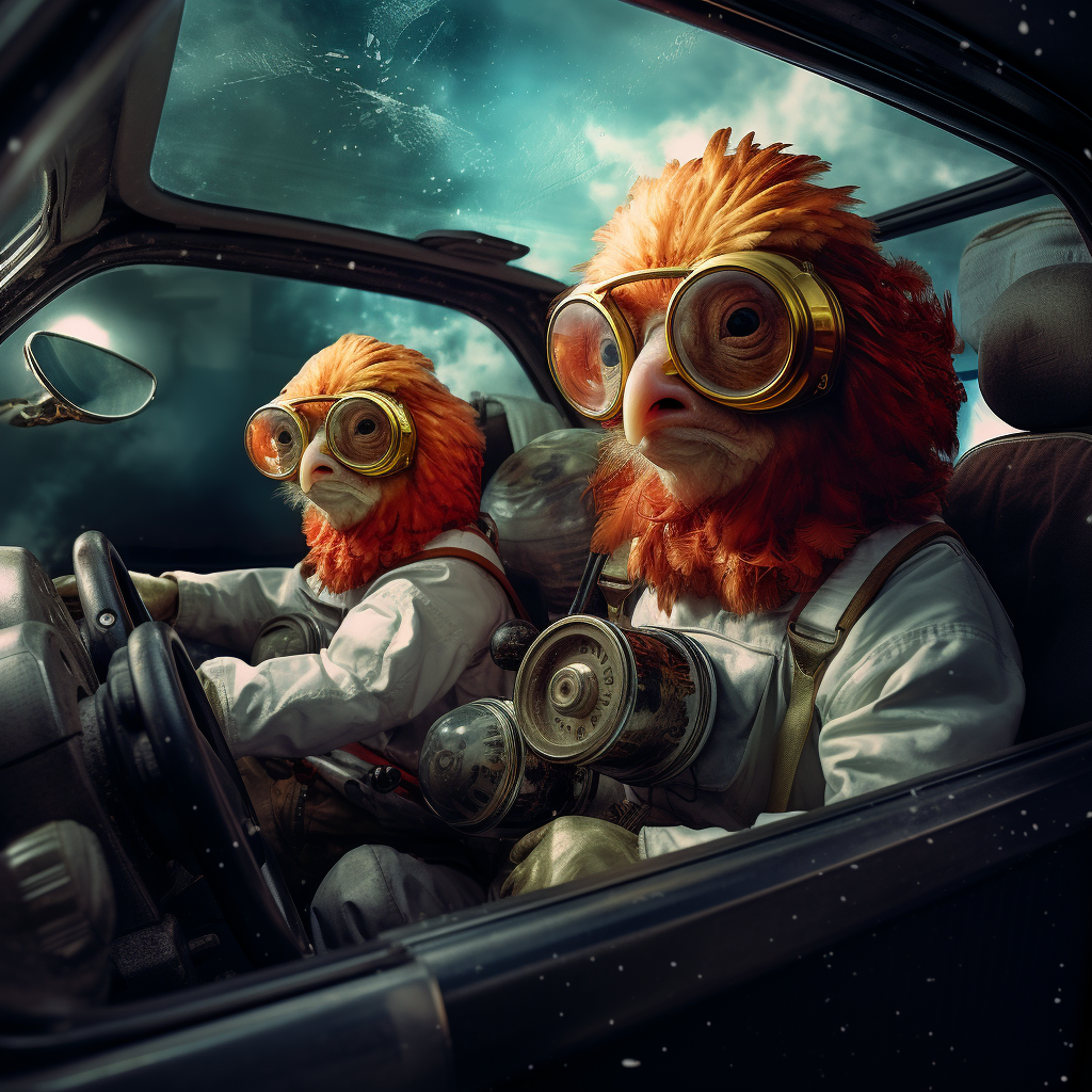 Chickens driving car underwater with space helmets