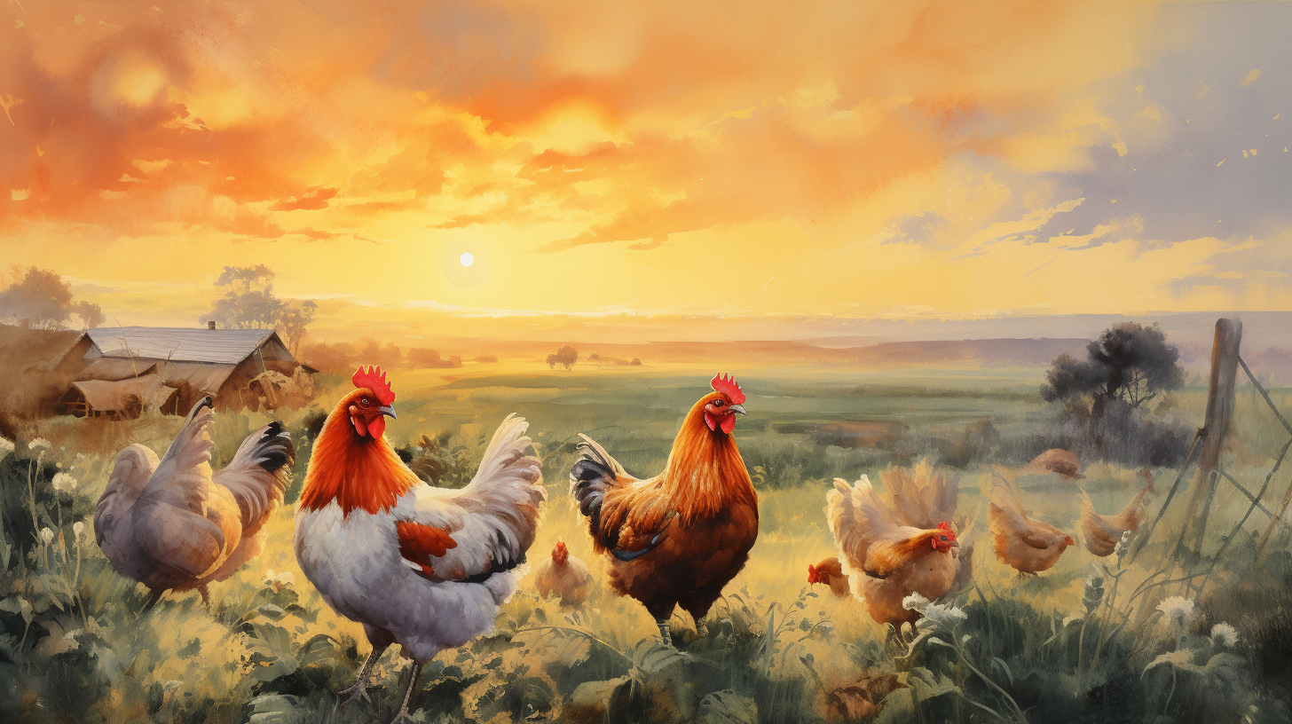 Watercolor painting of chickens at sunset