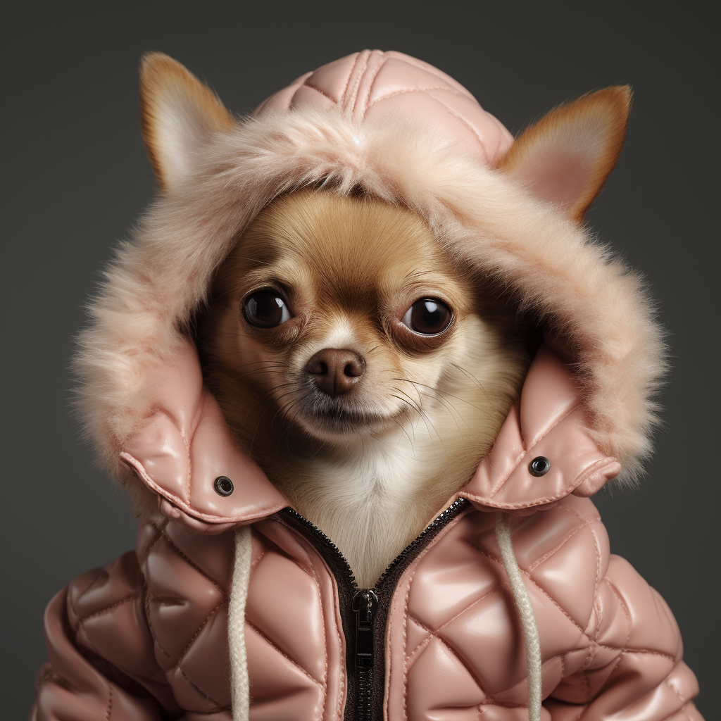 Stylish Chihuahua wearing furry coat