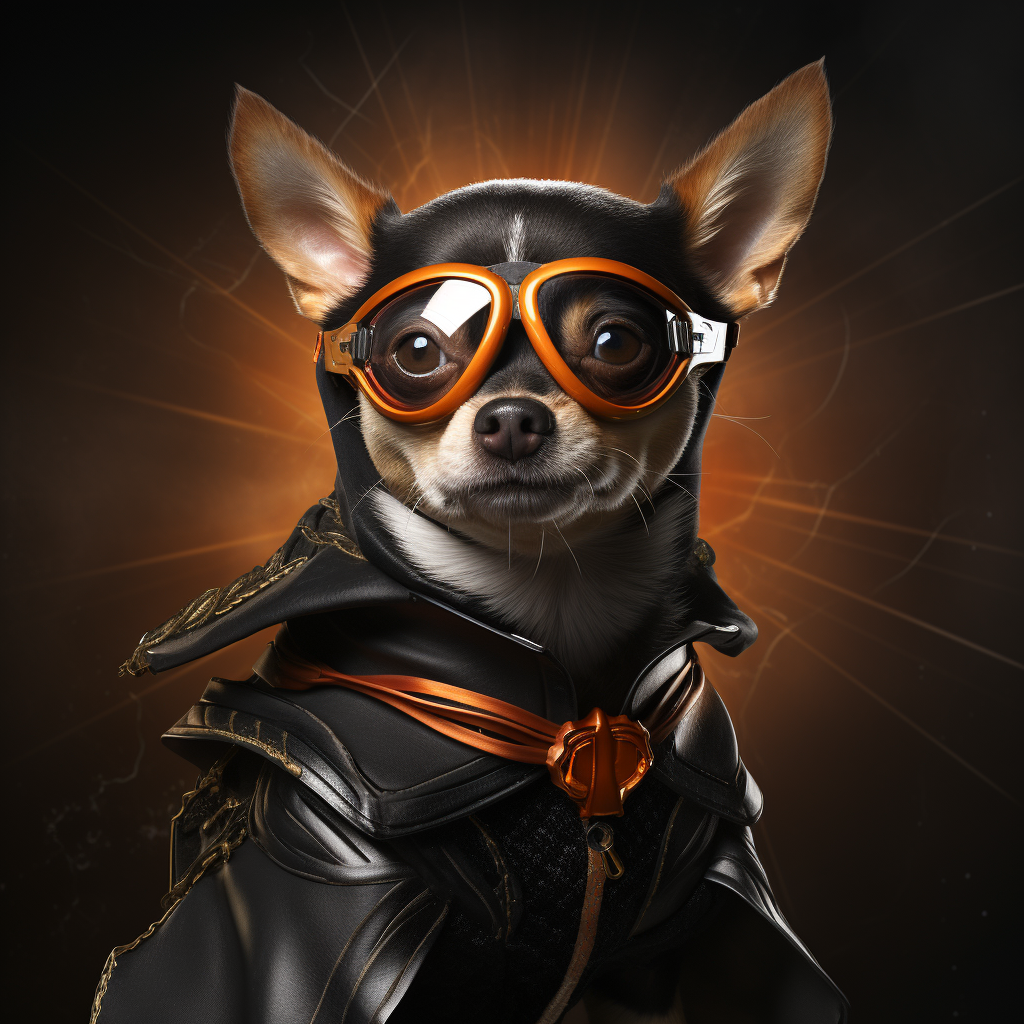 Chihuahua superhero wearing black and orange costume