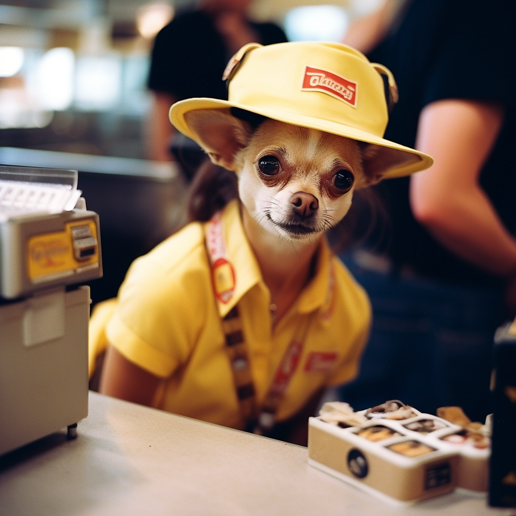 Cute chihuahua in fast food restaurant