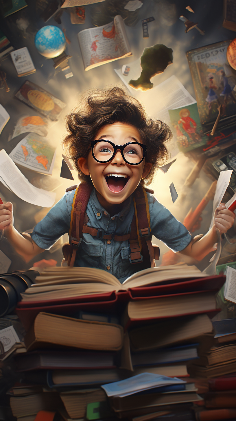 Child with Adventure Glasses and Books