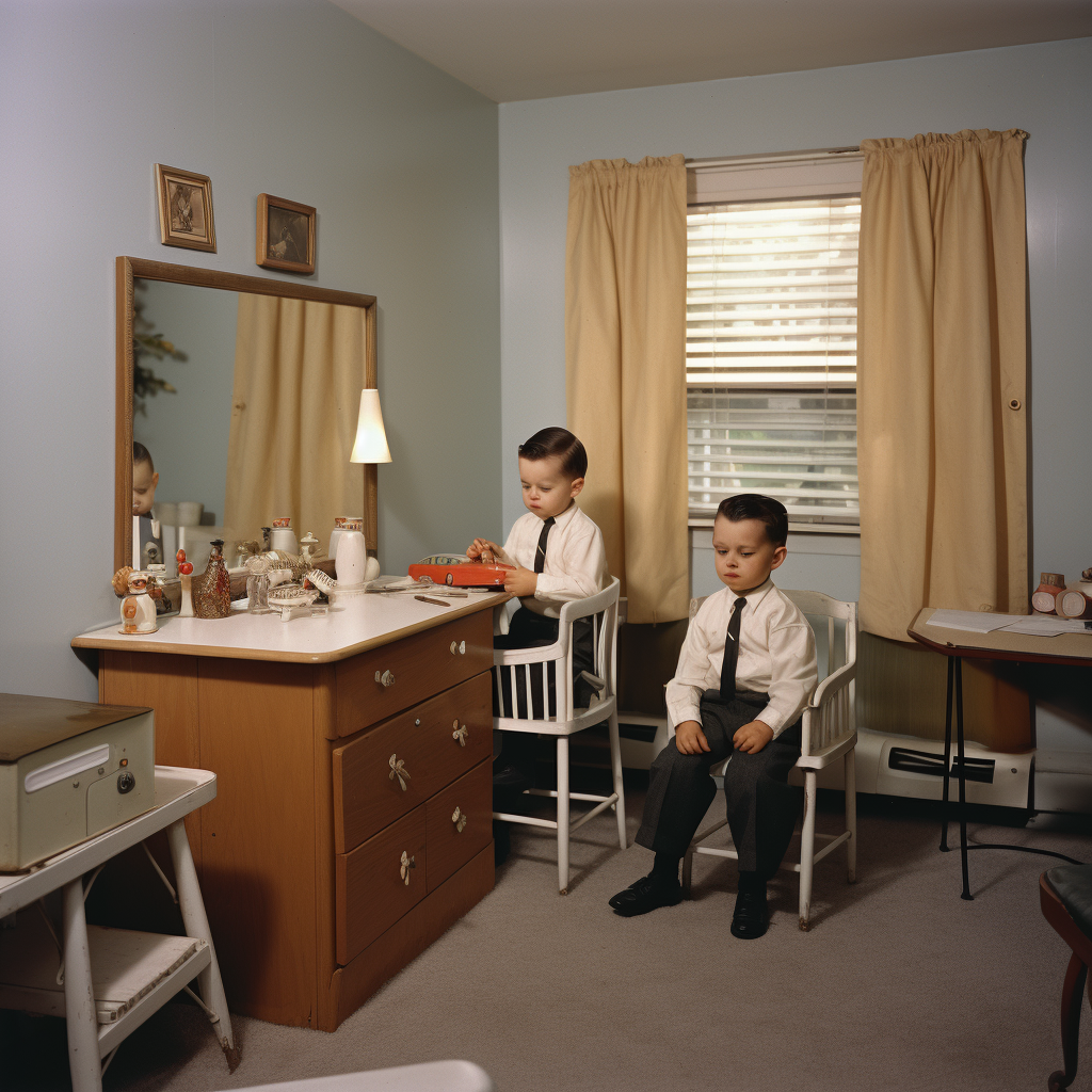 Men in suits having meeting in child's bedroom