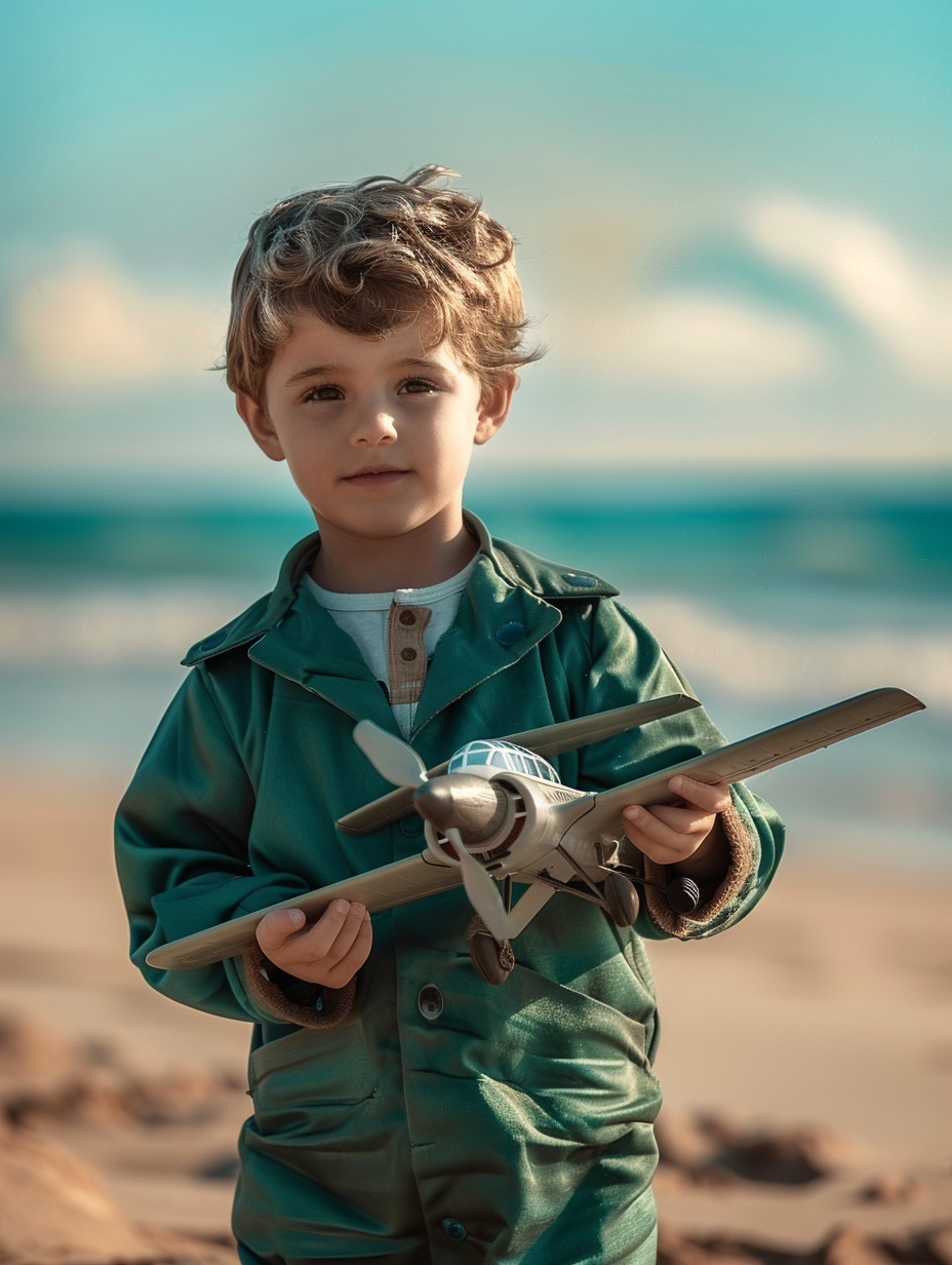 Child Boy with Model Airplane on Beach