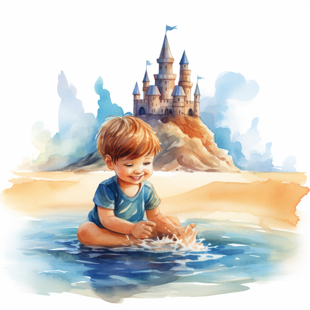 Child building sand castle watercolor logo