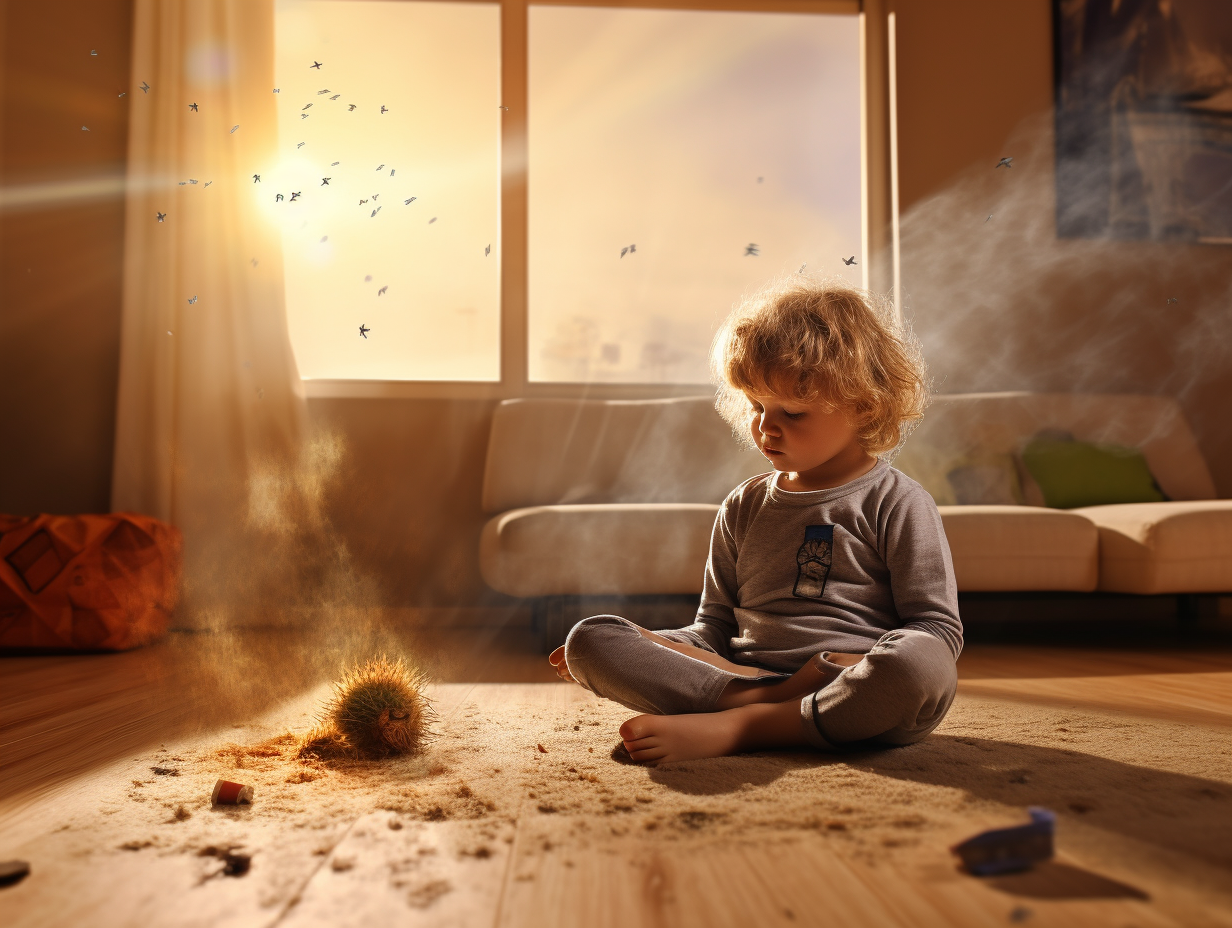 Child sitting on clean carpet in modern living room