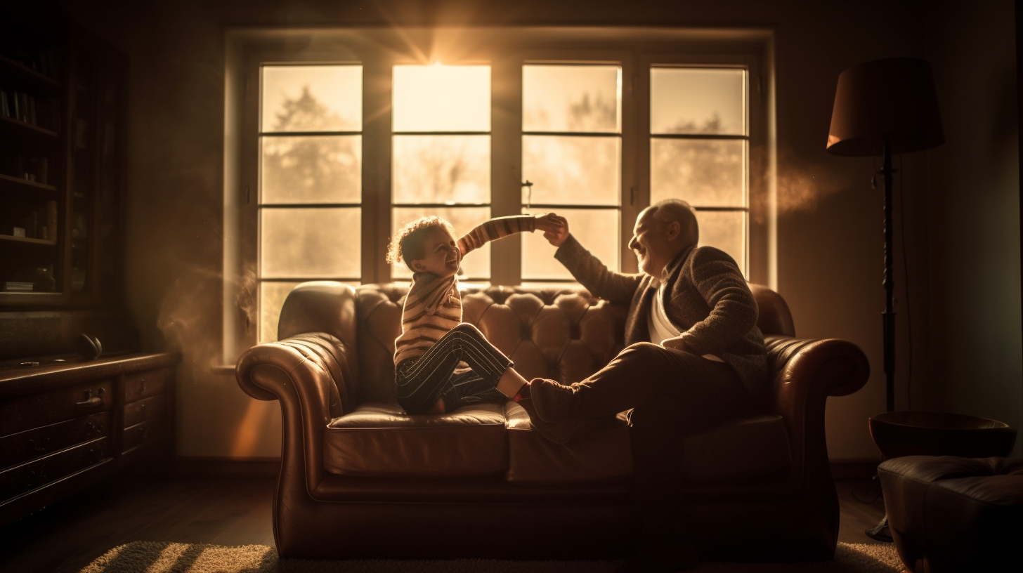 Smiling child and dad on sofa