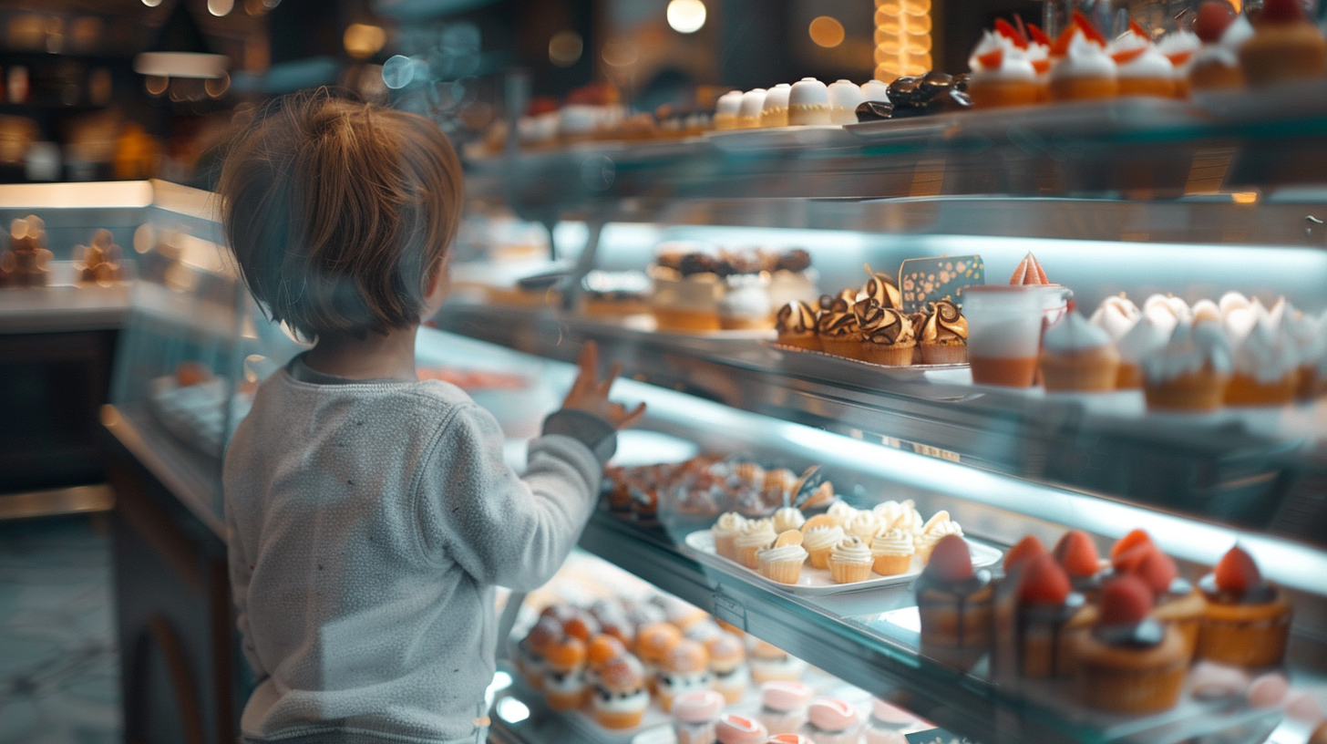 Child choosing dessert at showcase