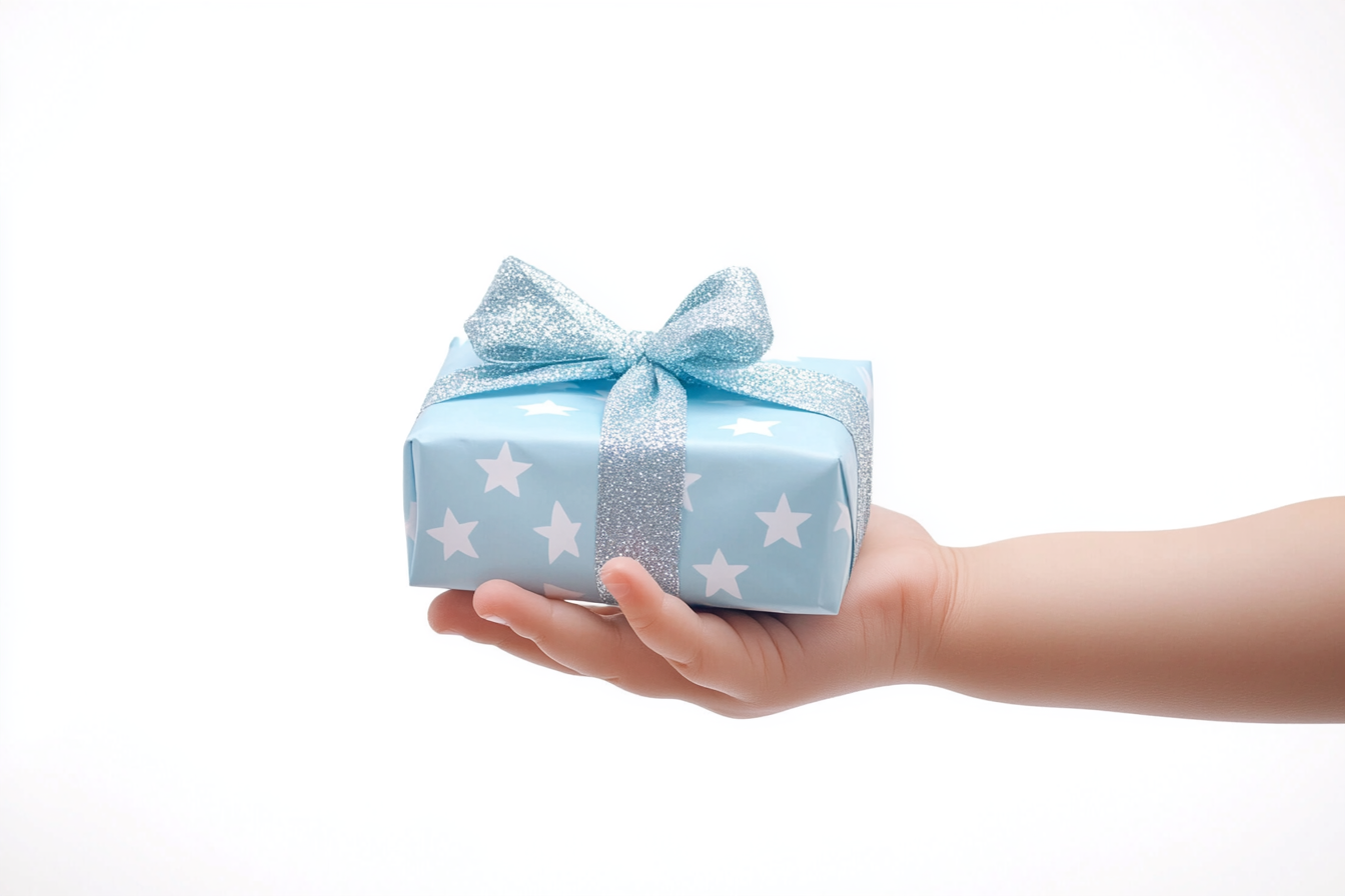 young child offering gift hand