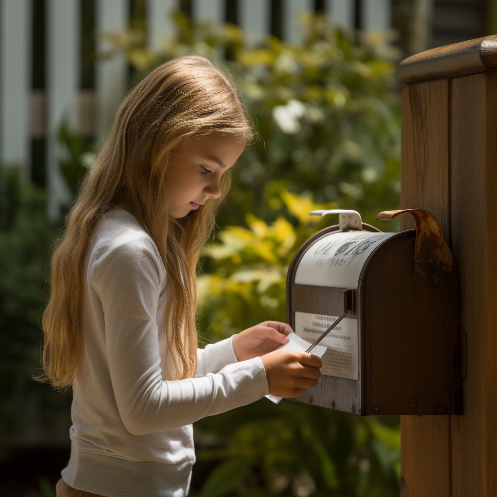 Child placing envelope in mailbox