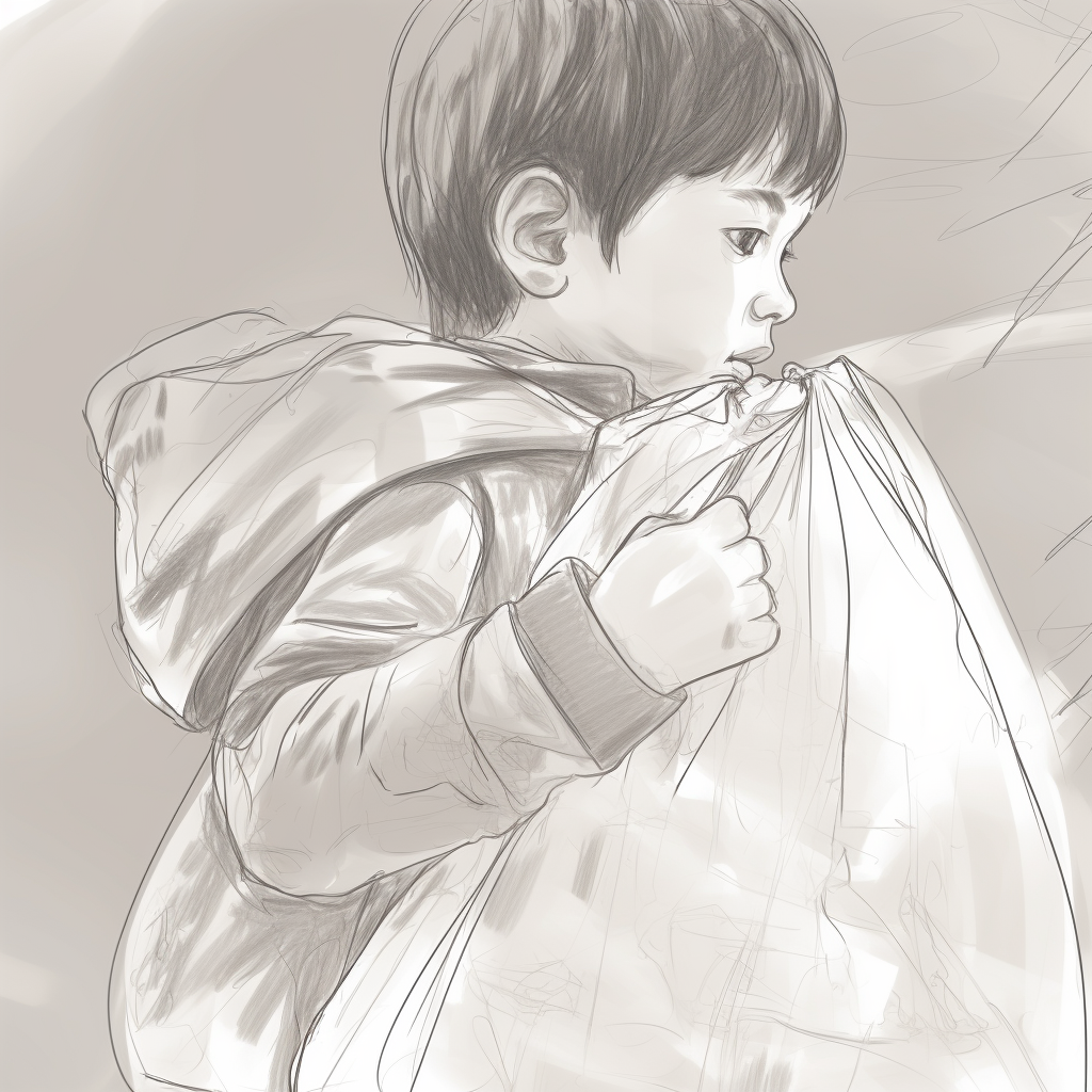 Child holding plastic black bag with line drawing